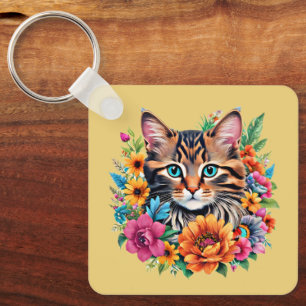 Katze in farbenfrohem Blumenkranz Schlüsselanhänger