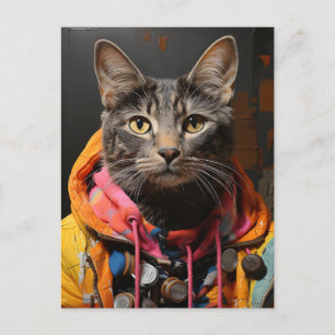 Katze in farbenfrohen Hoodie und Jacket AI Art Postkarte