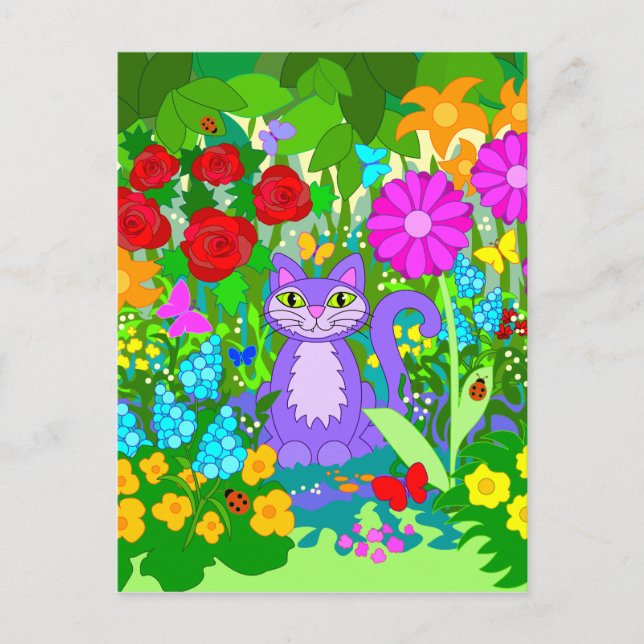 Katze in Garden Fantasy Blume Schmetterlinge Ladyb Postkarte (Vorderseite)