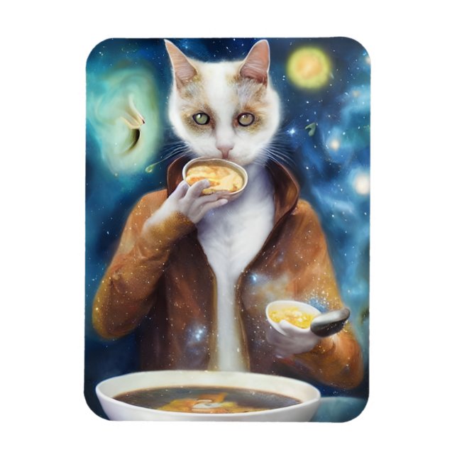 Katze in Jumpsuit Essen Suppe KI generiert Kunst Magnet (Vertikal)