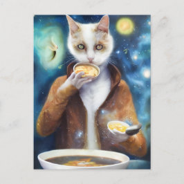 Katze in Jumpsuit Essen Suppe KI generiert Kunst Postkarte