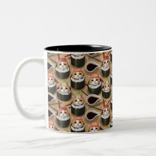 Katze in Kimbap niedliches schmackhaftes Design Zweifarbige Tasse (Links)