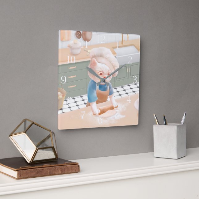 Katze in Koch Hat Teig rollen auf Kitchen Square W Quadratische Wanduhr (Büro)