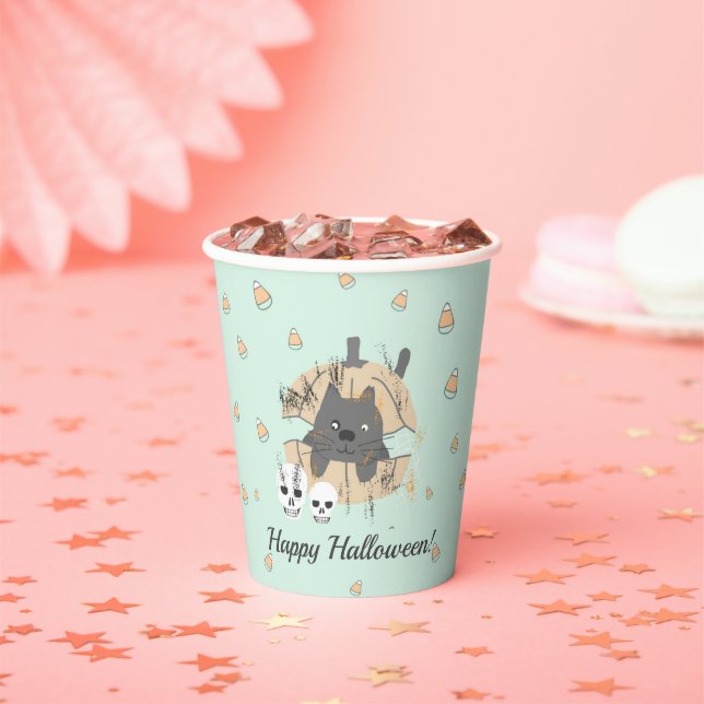 Katze in Kürbiskugel Kandy Mais Kids Halloween Pappbecher (Insitu)