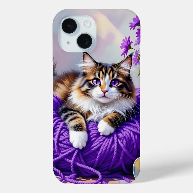 Katze in lila Garn und Blumen   Case-Mate iPhone Hülle (Rückseite)