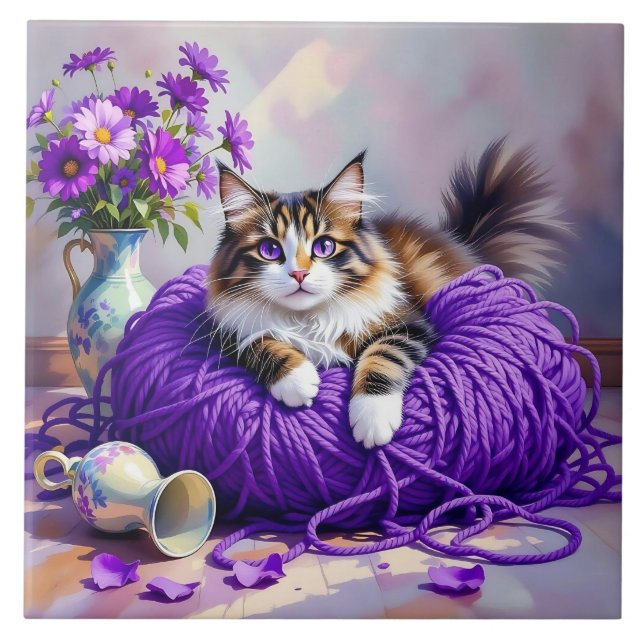 Katze in lila Garn und Blumen   Fliese (Vorderseite)