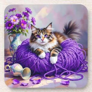 Katze in lila Garn und Blumen Getränkeuntersetzer