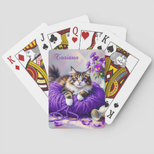 Katze in lila Garn und Blumen Spielkarten