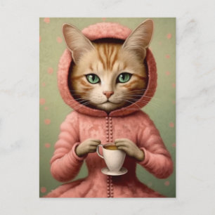 Katze in rosa Coat mit Kaffee Postkarte