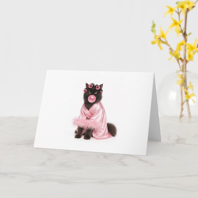 Katze in rosa Robe mit Haarrollern und Bubblegum Karte (Gelbe Blume)