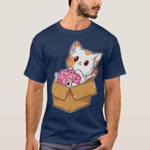 Katze in Schachtel mit D20 Würfeln T-Shirt