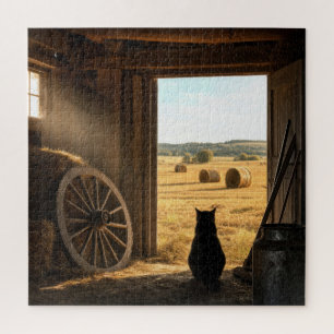 Katze in sonnigem Scheunentor mit Wagenrad Puzzle