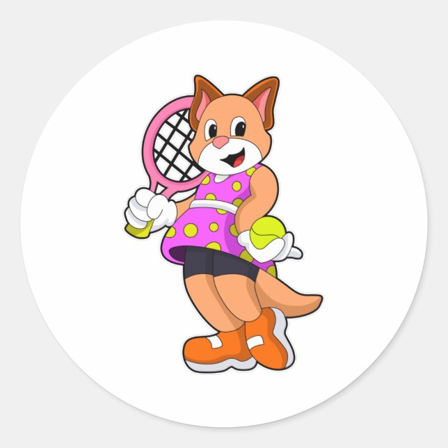 Katze in Tennis mit Tennisschläger Runder Aufkleber (Vorderseite)