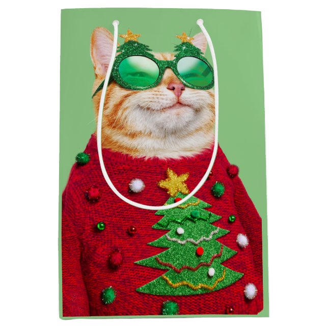 Katze in Ugly Christmas Sweater Mittlere Geschenktüte (Vorderseite)