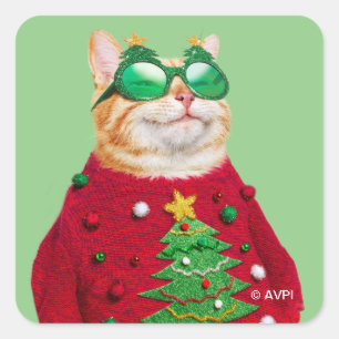 Katze in Ugly Christmas Sweater Quadratischer Aufkleber
