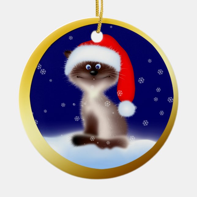Katze in Weihnachtsmannmütze Keramikornament (Vorne)