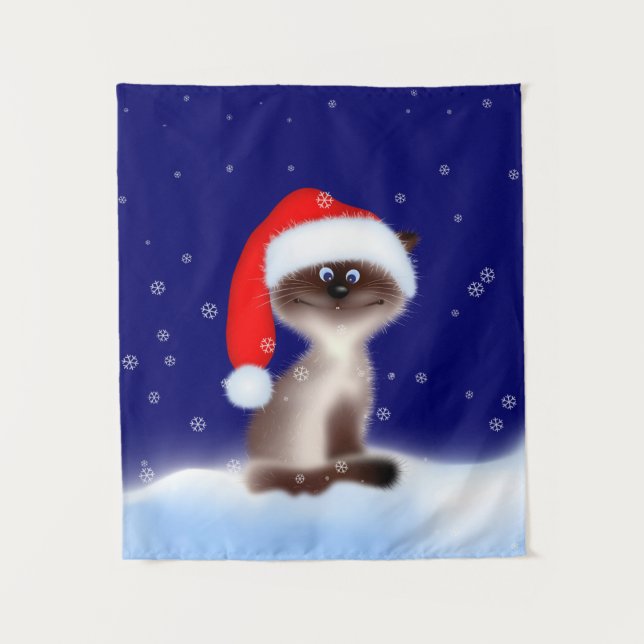 Katze in Weihnachtsmannmütze Wandteppich (Vorderseite)
