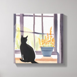 Katze in Windows | Silhouette Wasserfarbe Leinwanddruck