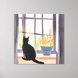 Katze in Windows | Silhouette Wasserfarbe Leinwanddruck