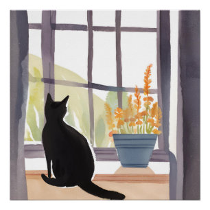 Katze in Windows   Silhouette Wasserfarbe Poster