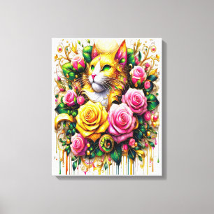 Katze inmitten einer lebendigen Blütenpracht 16x2 Leinwanddruck