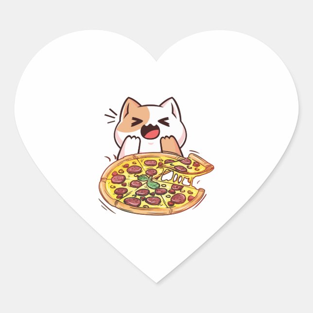Katze isst eine Pizza Herz-Aufkleber (Vorderseite)