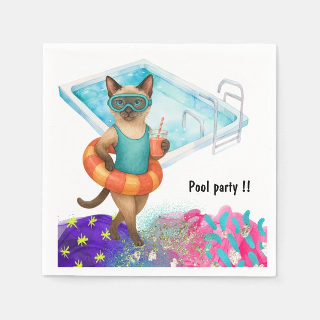 Katze ist am Pool für Poolparty Serviette (Vorderseite)