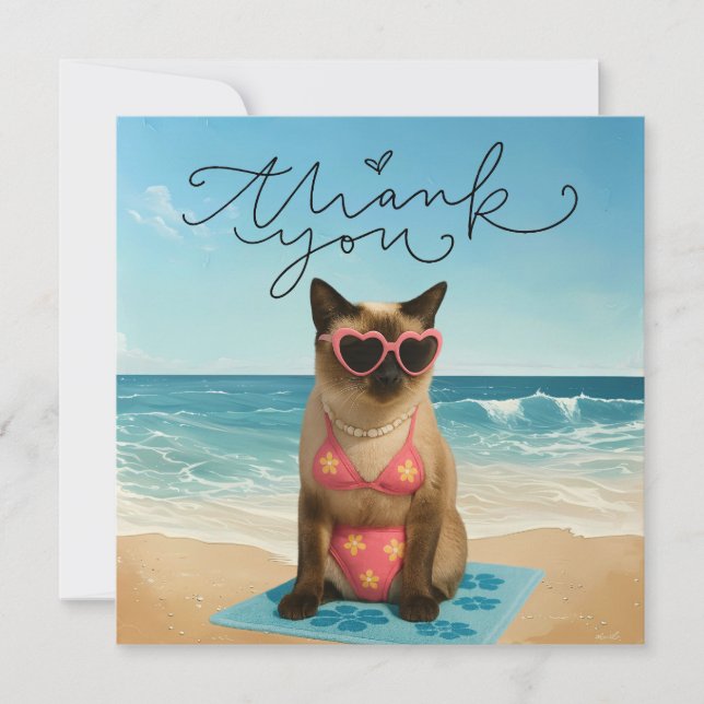 Katze ist am Strand Dankeskarte (Vorderseite)