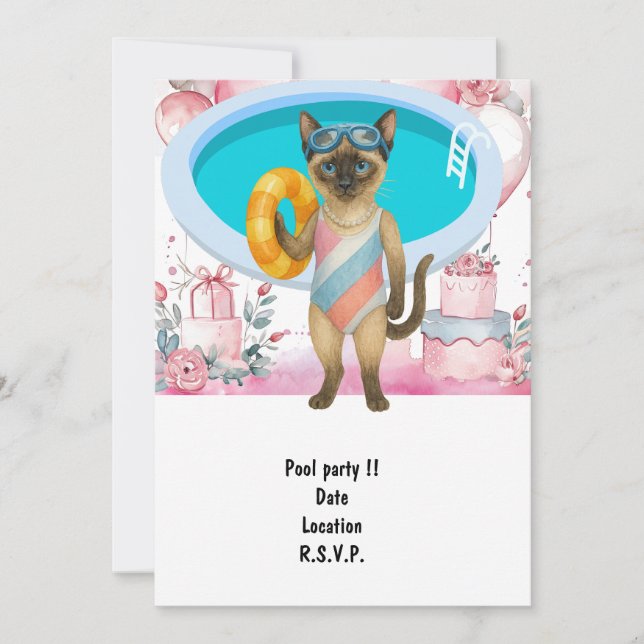 Katze ist bei der Poolparty am Pool Einladung (Vorderseite)