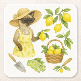 Katze ist Gartenarbeit im Lemon Garden Glass Unter Rechteckiger Pappuntersetzer