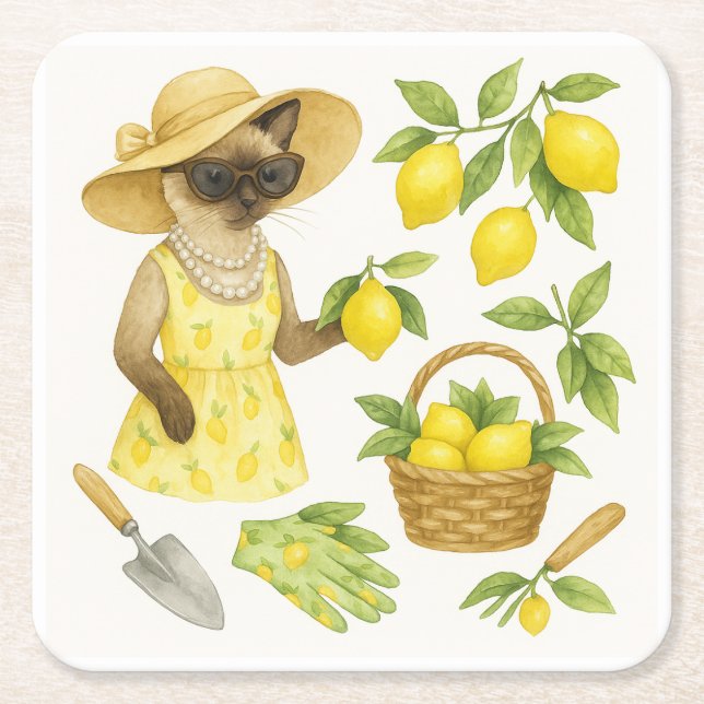 Katze ist Gartenarbeit im Lemon Garden Glass Unter Rechteckiger Pappuntersetzer (Vorderseite)