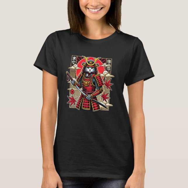 Katze japanische Samurai-Kunst T-Shirt (Vorderseite)