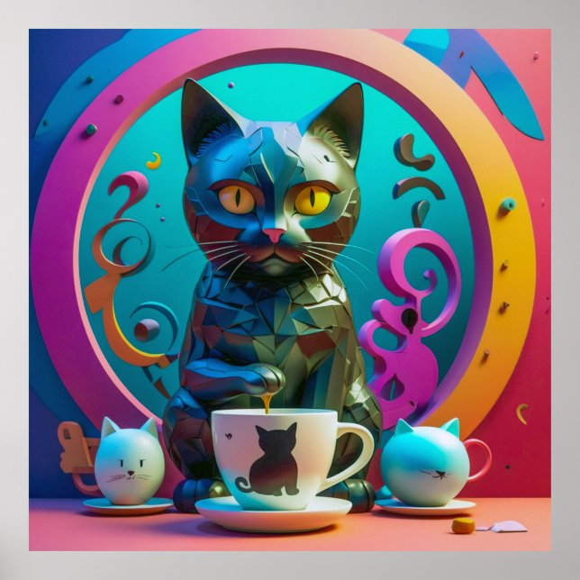 Katze, Kaffee und Farbe Poster (Vorne)