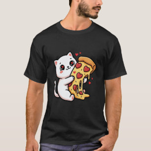 Katze Kawaii Weiß Umarmen Pizza Herz Pepperoni Ess T-Shirt