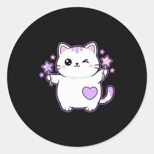 Katze Kawaii Zwinkerkatze Magischer Sternenstab, S Runder Aufkleber