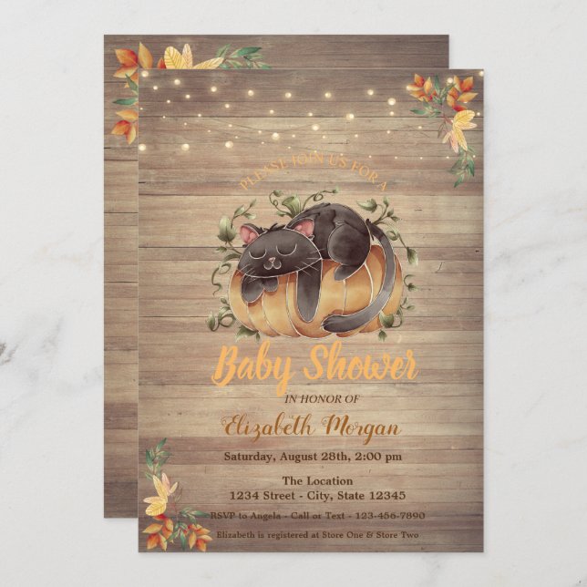 Katze, Kürbis, String-Leuchten, Textur-Baby-Dusche Einladung (Vorne/Hinten)