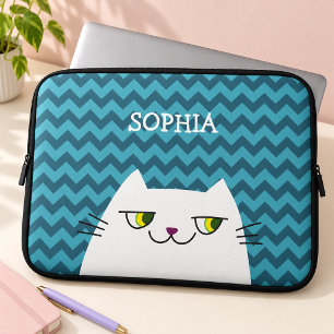 Katze Laptop Hülle Monogramm Blau Chevron Cute Laptopschutzhülle