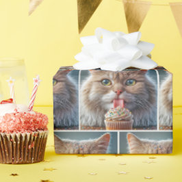 Katze leckt einen Geburtstagskuchen Geschenkpapier