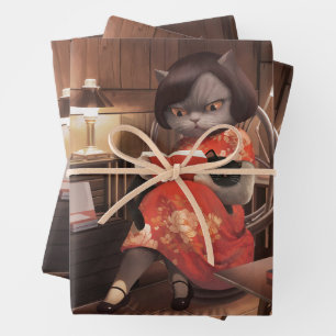 Katze lesen in Cheongsam Geschenkpapier Set