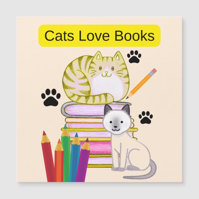 Katze liebt Bücher Magnetkarte (Vorderseite)