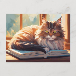Katze liegt auf einem Buch neben dem Fenster  Postkarte