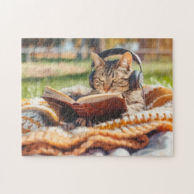 Katze liest Buch auf gestrickter Decke Puzzle (Horizontal)