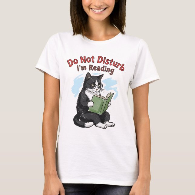 Katze liest Buch - Nicht stören T-Shirt (Vorderseite)