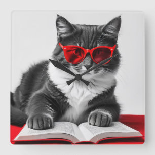 Katze liest Buch Quadratische Wanduhr