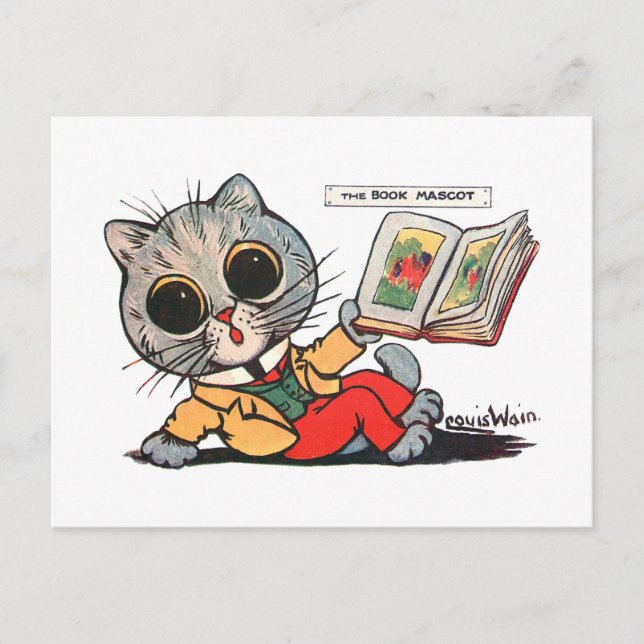 Katze liest ein Bilderbuch, Louis Wain Postkarte (Vorderseite)