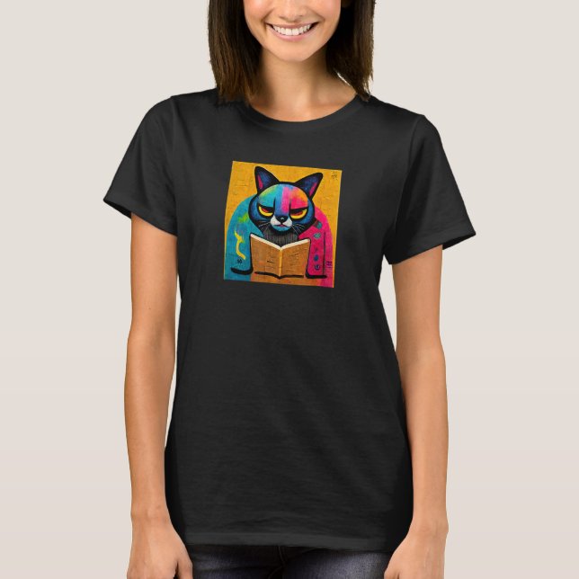 Katze liest ein Buch Design T-Shirt (Vorderseite)