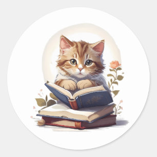 Katze liest ein Buch Runder Aufkleber