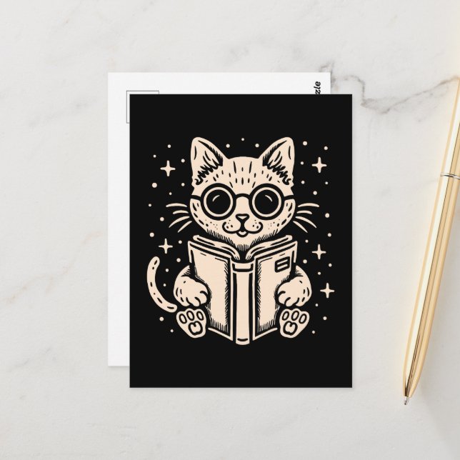 Katze liest Fantasiebuch Postkarte (Vorderseite/Rückseite Beispiel)