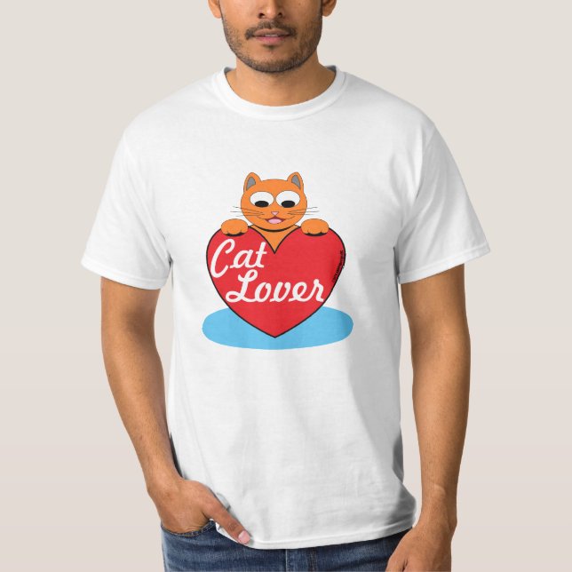 Katze Lover Orange Cartoon Katze mit rotem Herzen T-Shirt (Vorderseite)