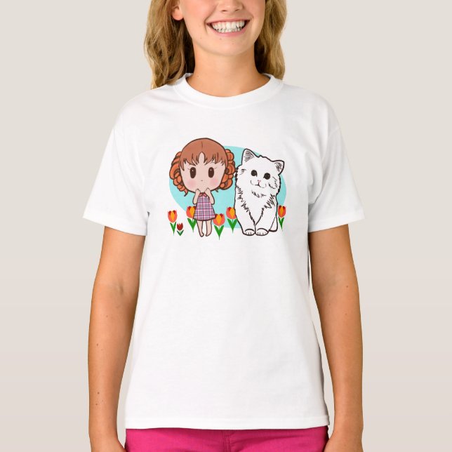 Katze, Mädchen und Tulpen T-Shirt (Vorderseite)